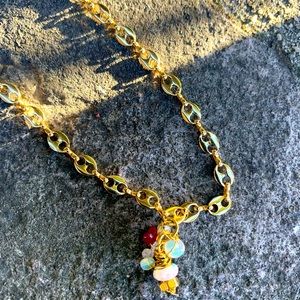 Handmade opal and ruby cluster necklace on 9 inch chain